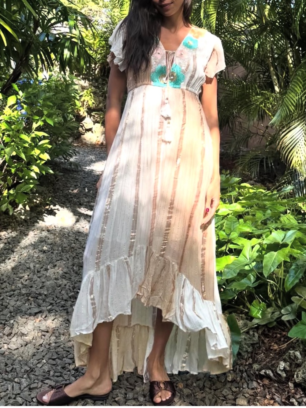 ShopEvelynne Cream High-Low Maxi Dress with Turquoise Embroidery